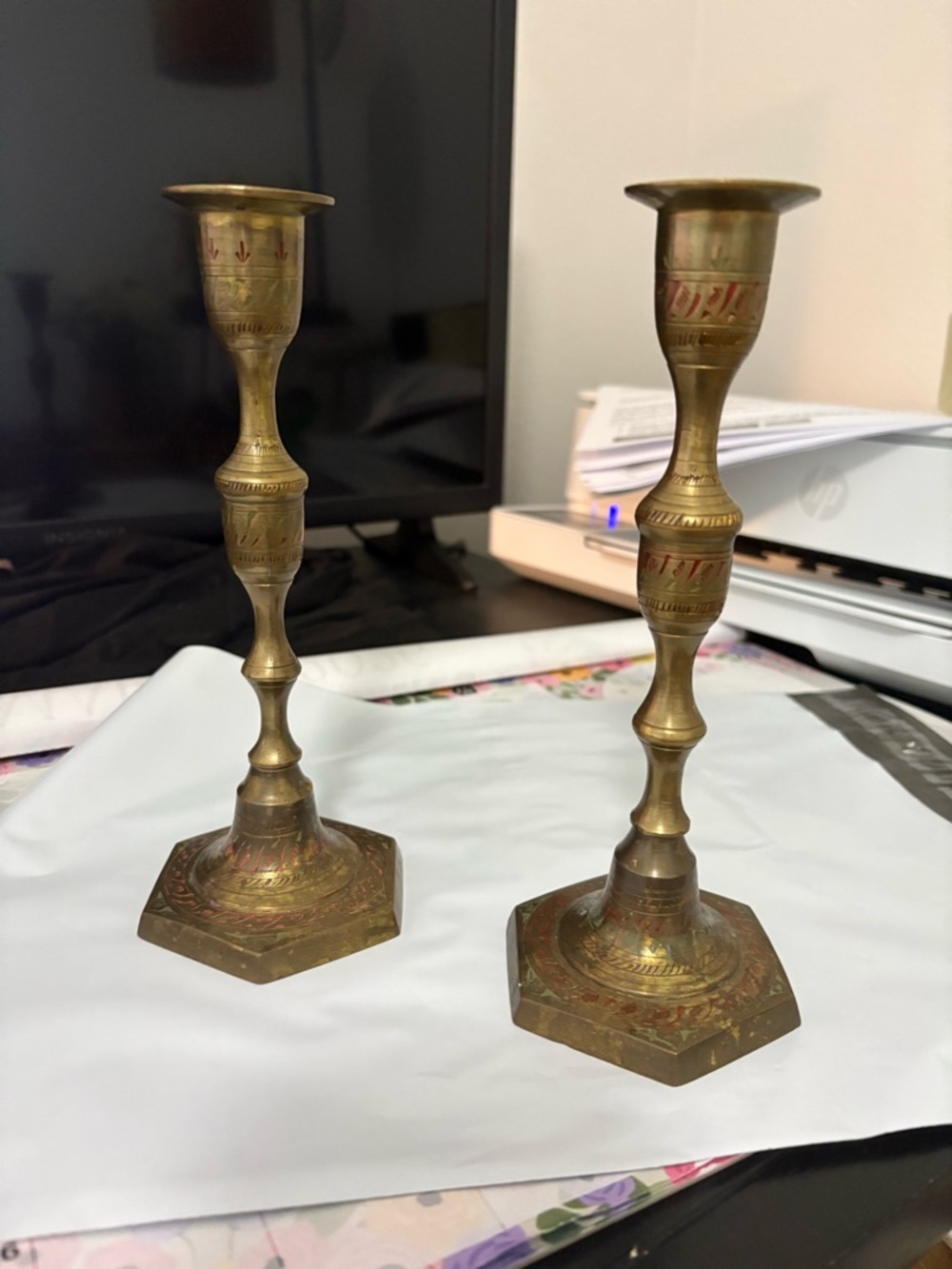 Pair Of Vintage Decorated Painted Enameled Cloisinet Brass Candlestick Holders
